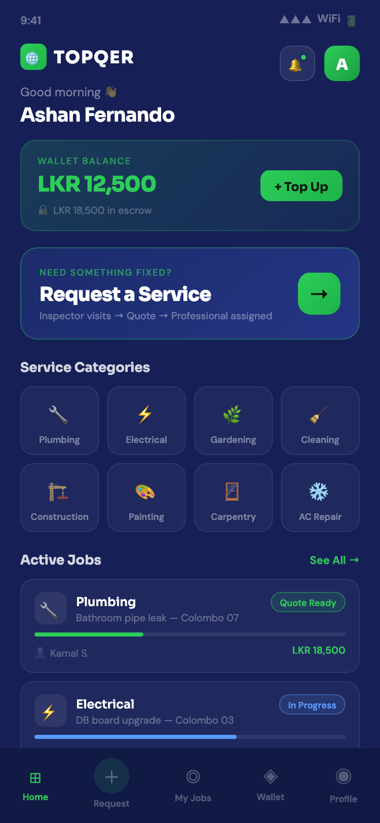 Topqer app home screen showing wallet balance, service categories and active jobs
